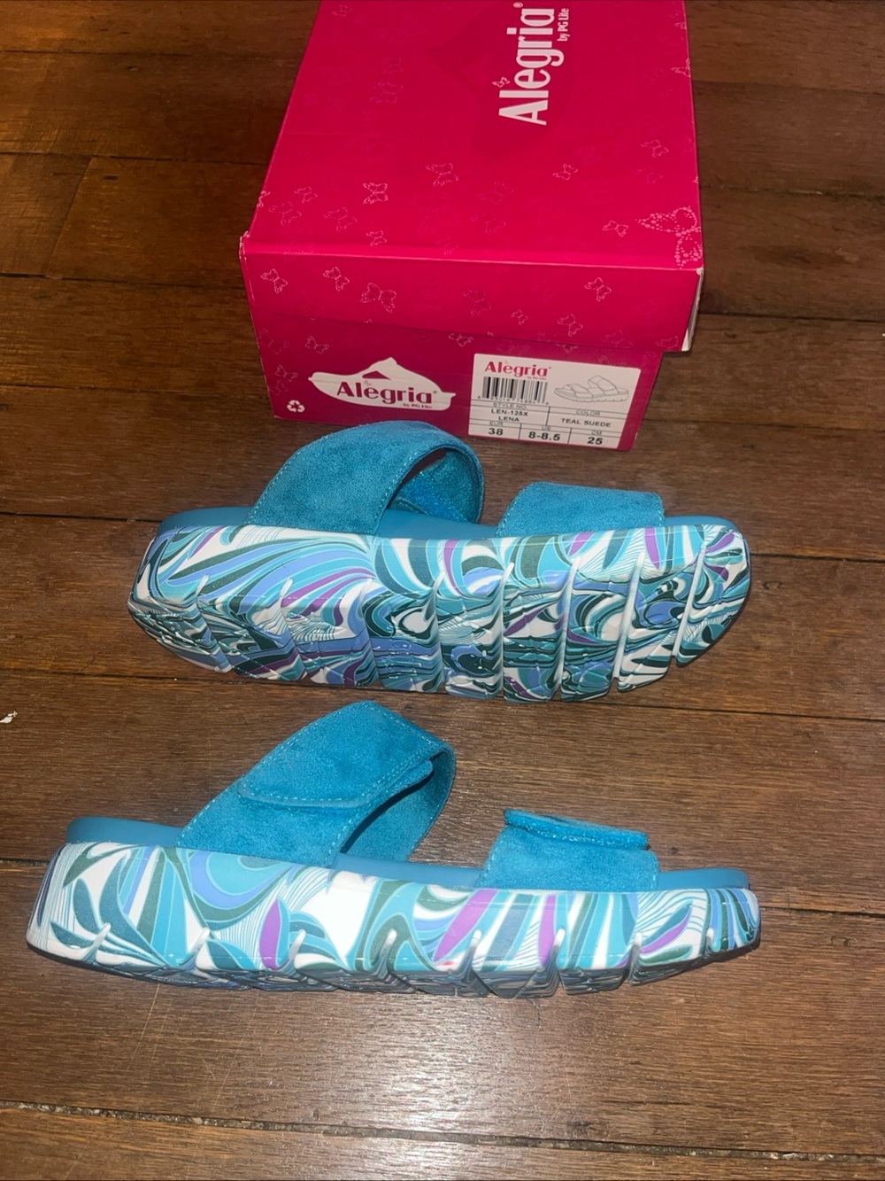 Alegria Lena Suede Sandals Teal Blue Sz EU 38 US 8 - 8.5 Abstract Comfort Slides